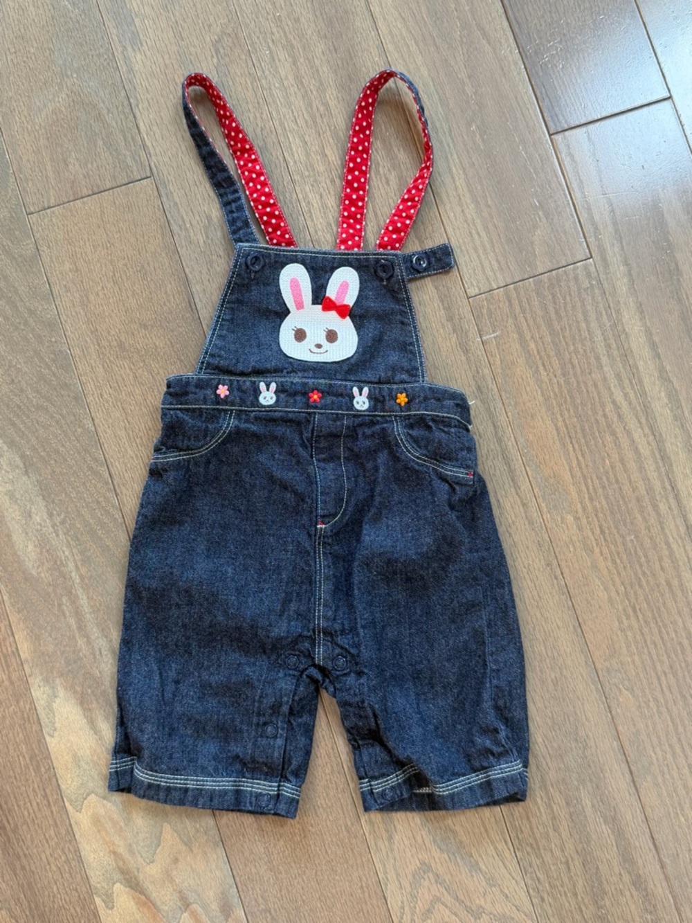 Mini house Dark Denim Bunny Overalls with Red Polka Dot Straps